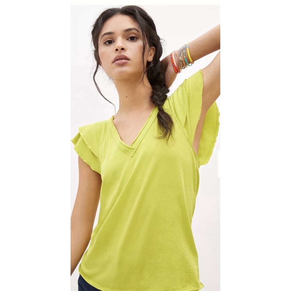 Maeve By Anthropologie Shirt S Lime Green V Neck Flutter Ruffle‎ Sleeve Top